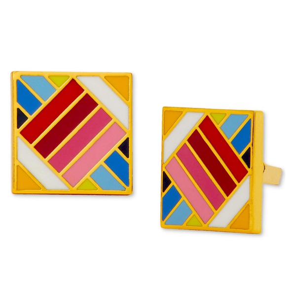 New Kate Spade Gold-Tone Multicolor Patchwork-Style Square Stud Earrings - Picture 1 of 7